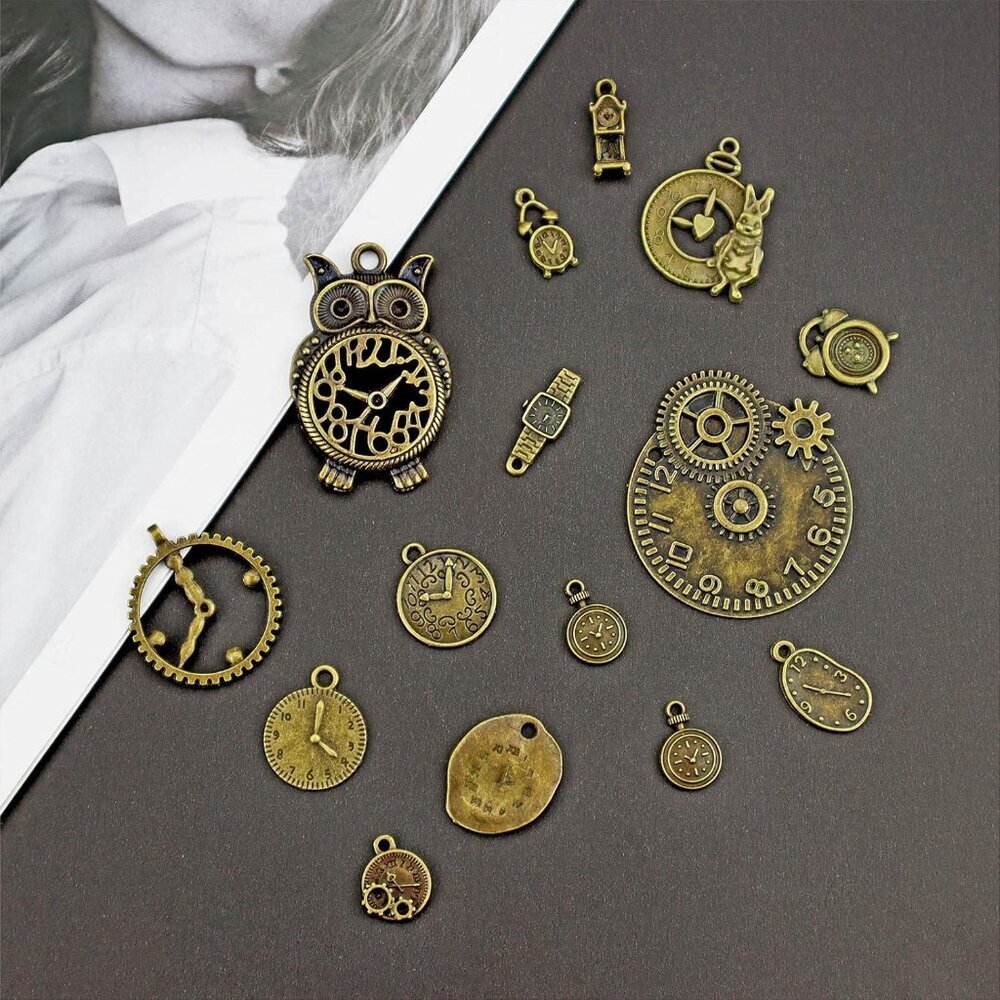 Antiqued Bronze Clock Face Charm Pendant, Wholesale Bulk Lots Mixed Gears Steamp - Picture 6 of 7